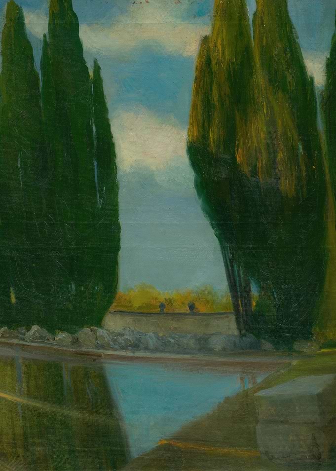 Cypress trees by a reflective pool
