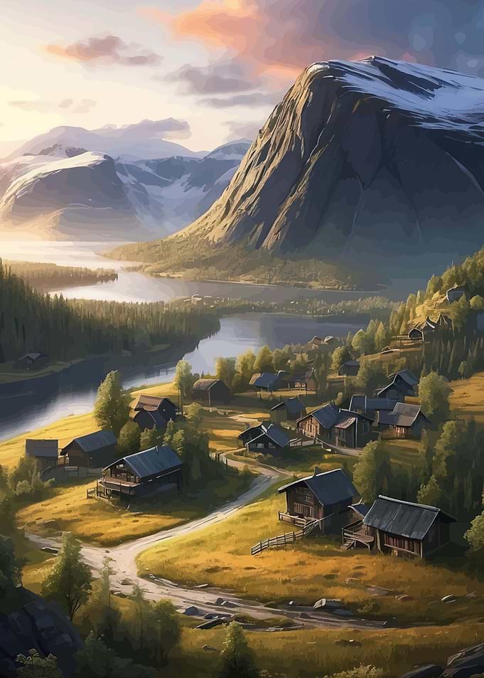 Mountain Village by a Lake