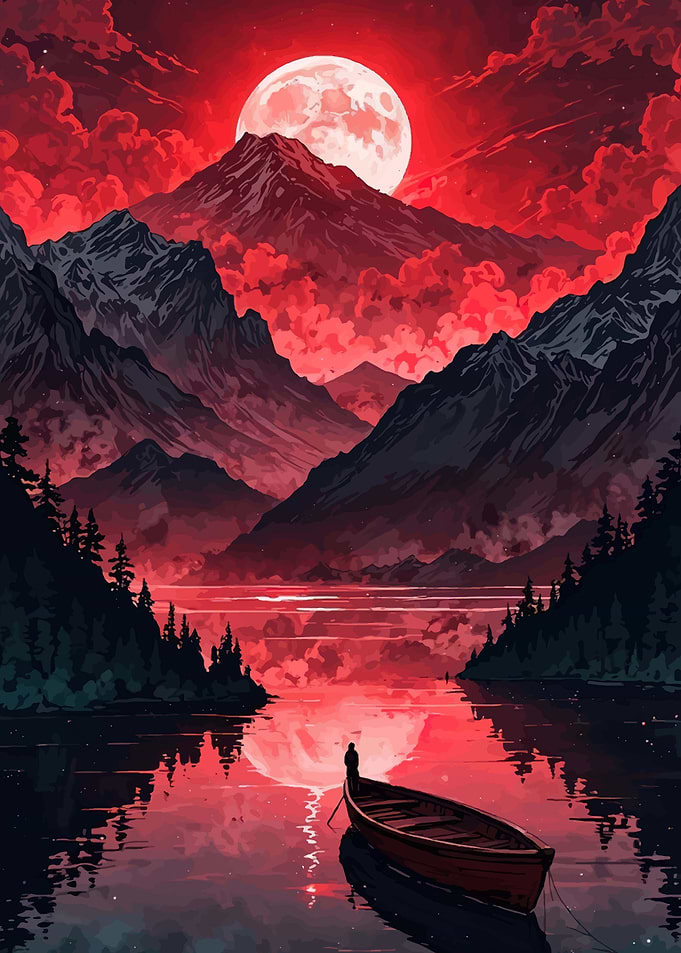 Crimson Moonlit Mountain Lake