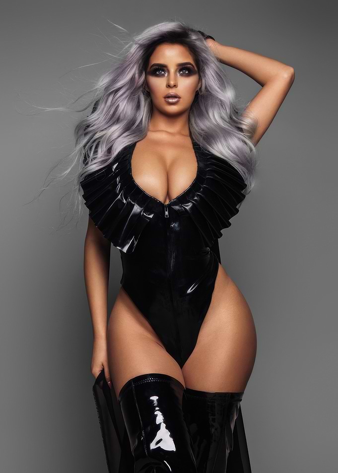 Demi Rose in Black Latex Bodysuit and Boots