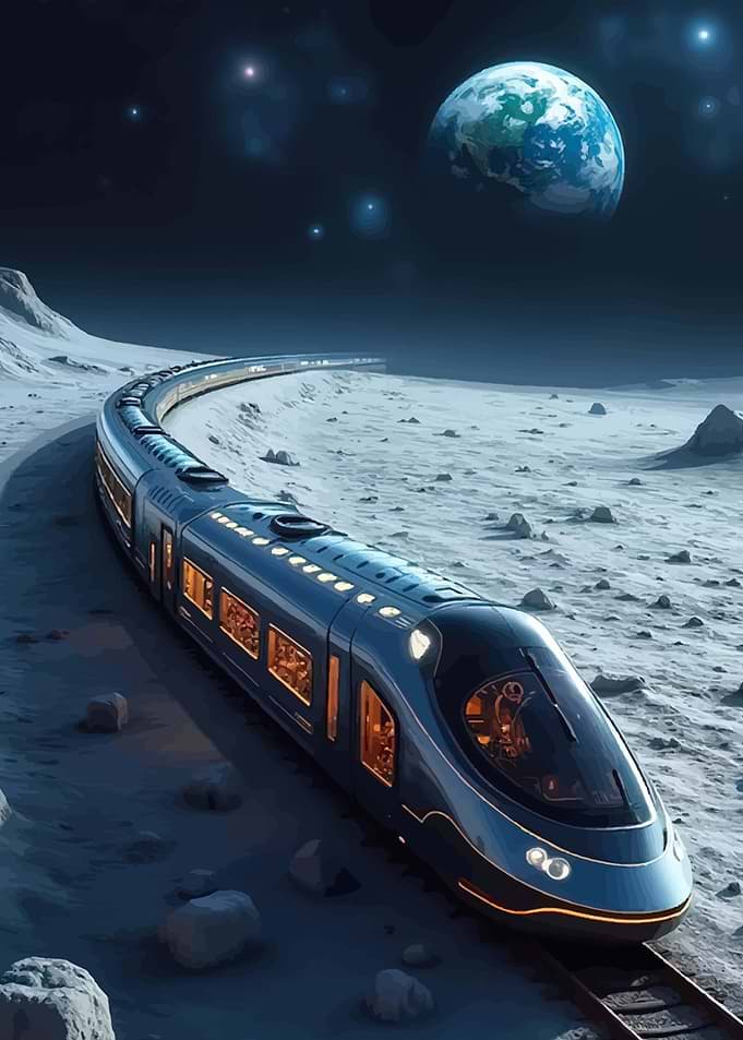 Futuristic Train on the Moon with Earth View