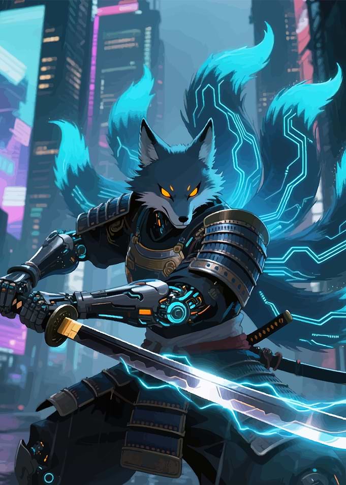 Cyberpunk Fox Samurai with Glowing Sword