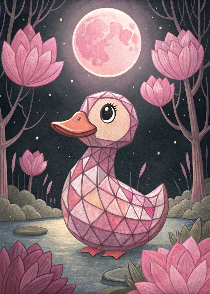 Gemstone Duck in Moonlit Lotus Pond