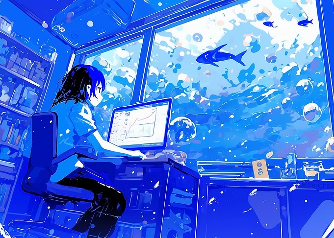 Girl Working in an Underwater Office