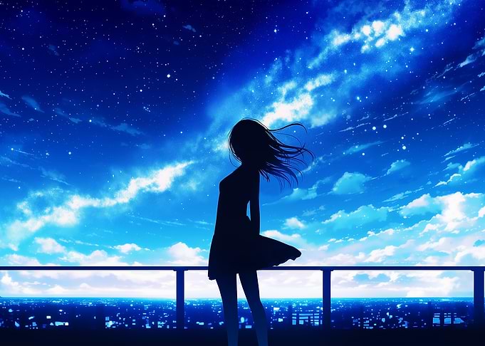 Girl silhouetted against a starry night sky