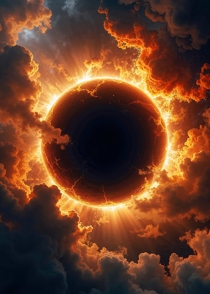 Fiery Planet Sun Eclipsed by Clouds