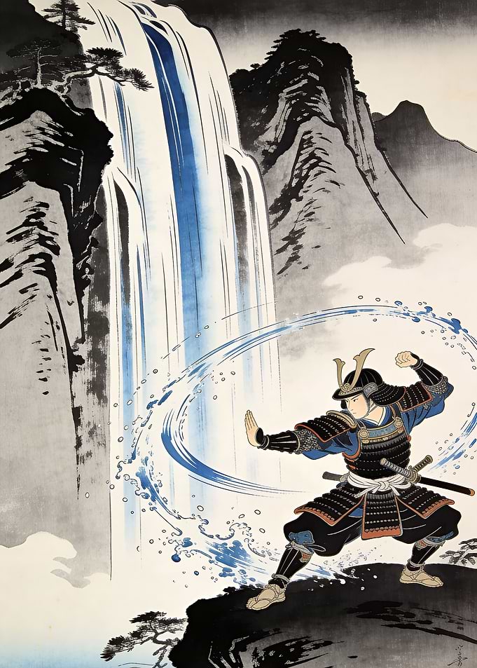 Samurai training by a waterfall