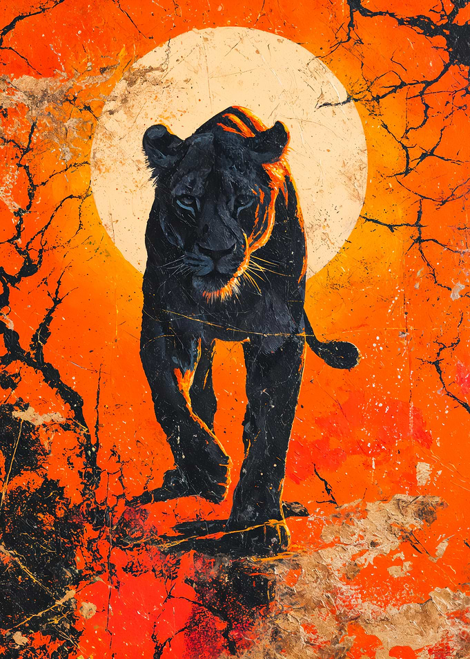Vintage Lioness Walking Sunset Painting