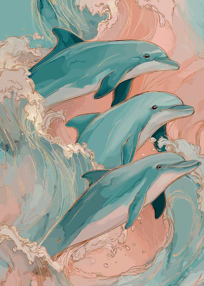 Dolphins swimming in waves