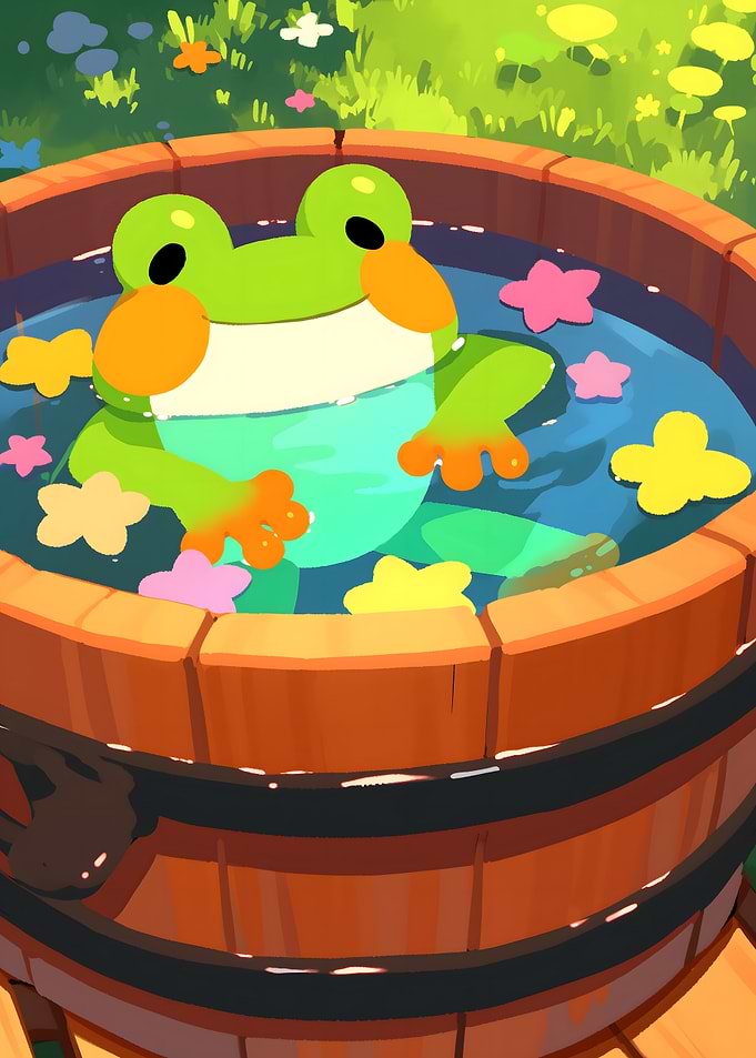 Cute Frog Bathing in Wooden Tub
