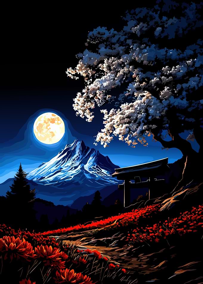 Moonlit Japanese Mountain Landscape