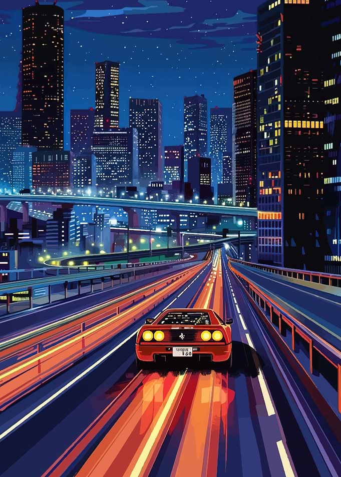 Red Sports Car on a City Highway at Night