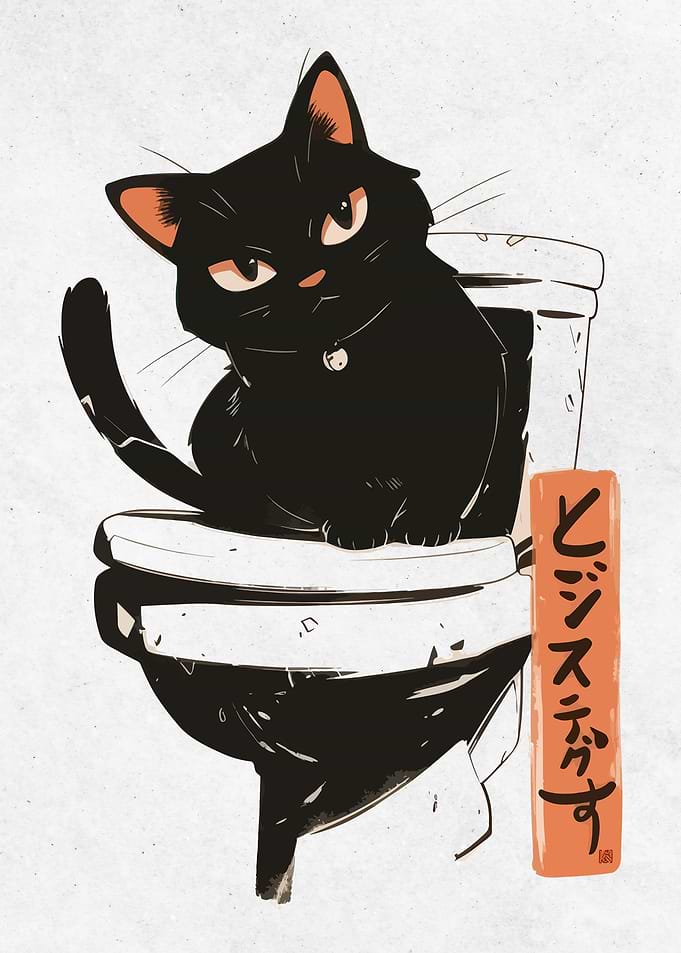 Grumpy Black Cat on Toilet