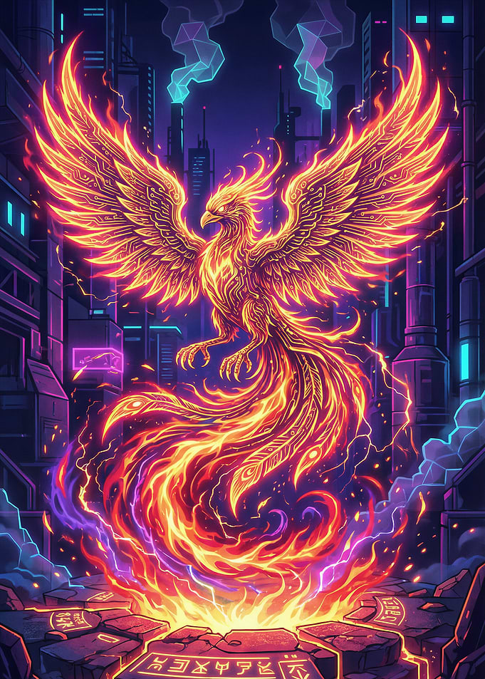 Fiery Phoenix in Cyberpunk City