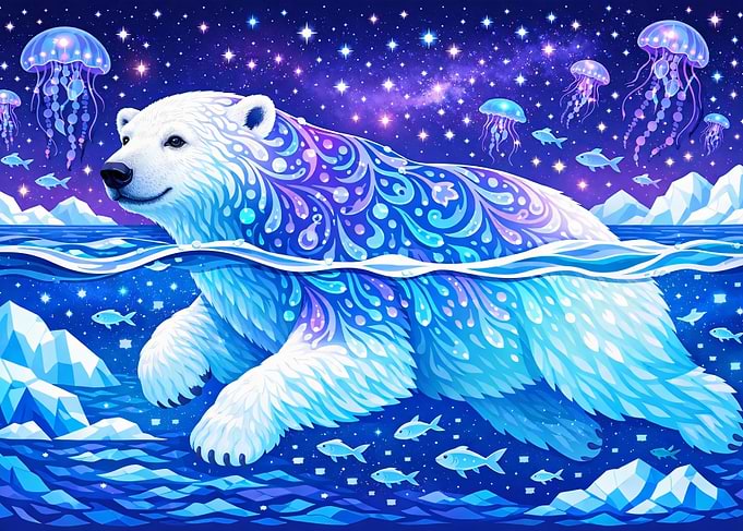 Polar Bear Swimming in a Starry Ocean