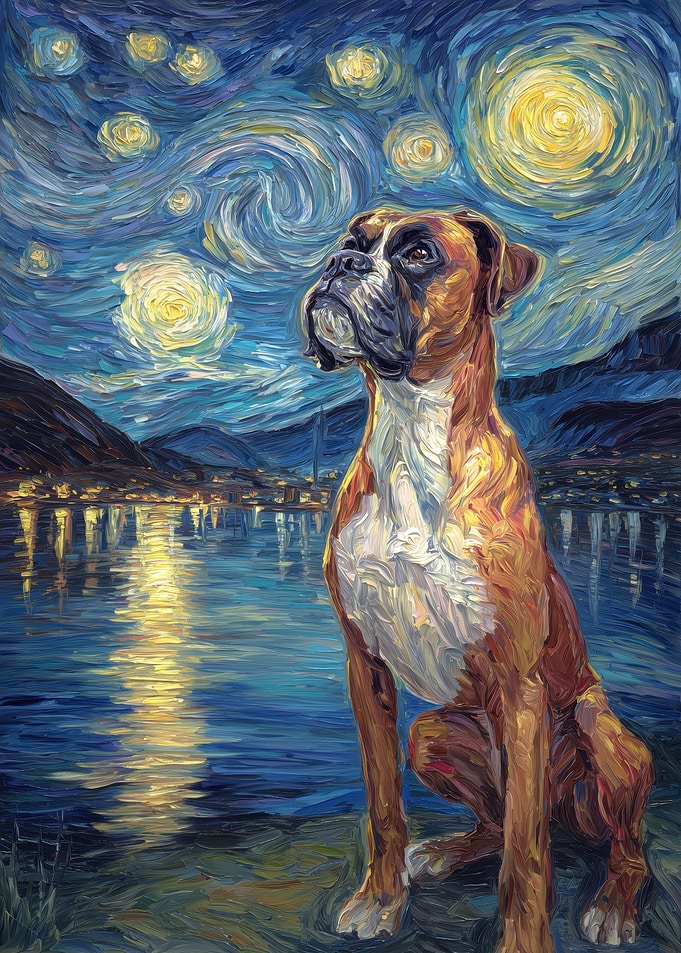 Boxer Dog in Starry Night Style