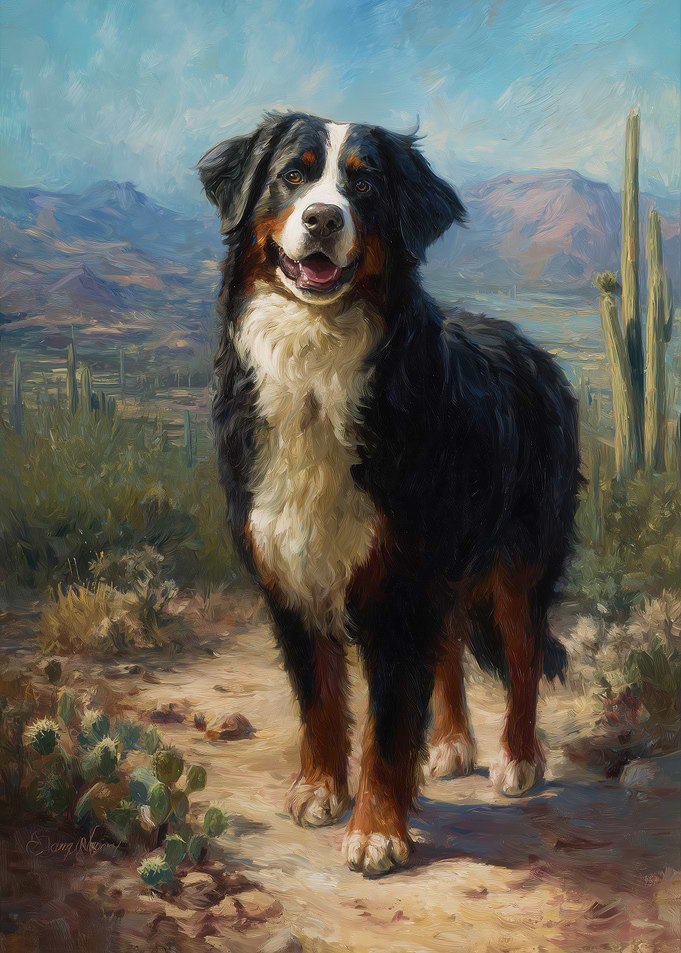Bernese Mountain Dog in Desert Landscape