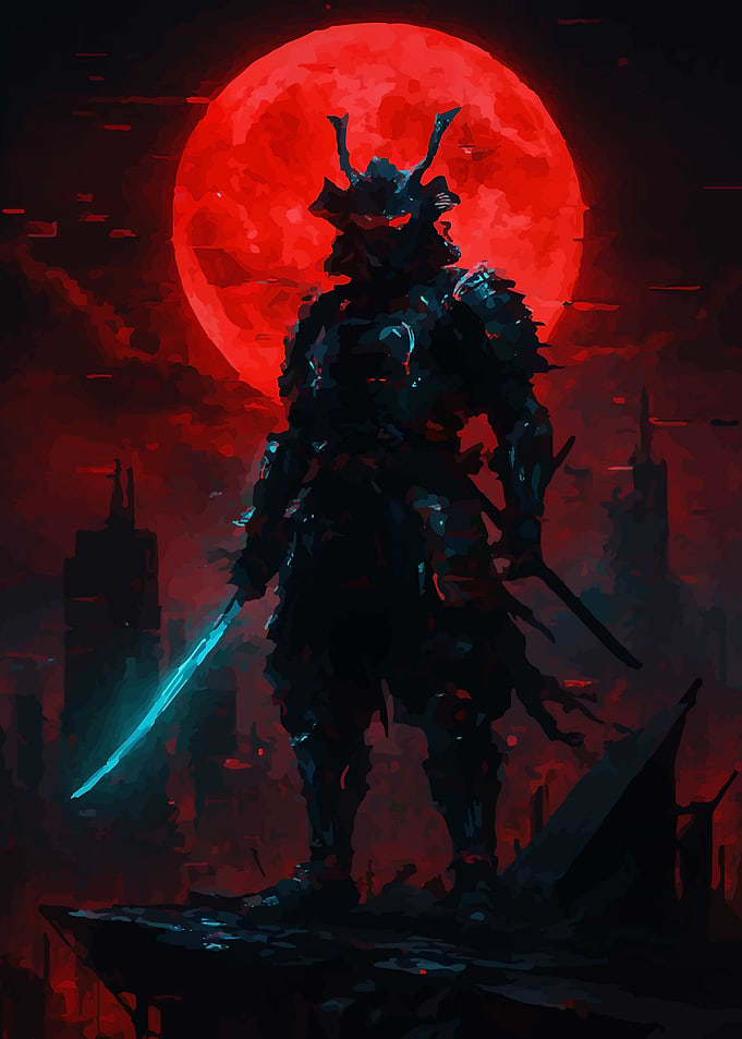 Cyberpunk Samurai Under Red Moon