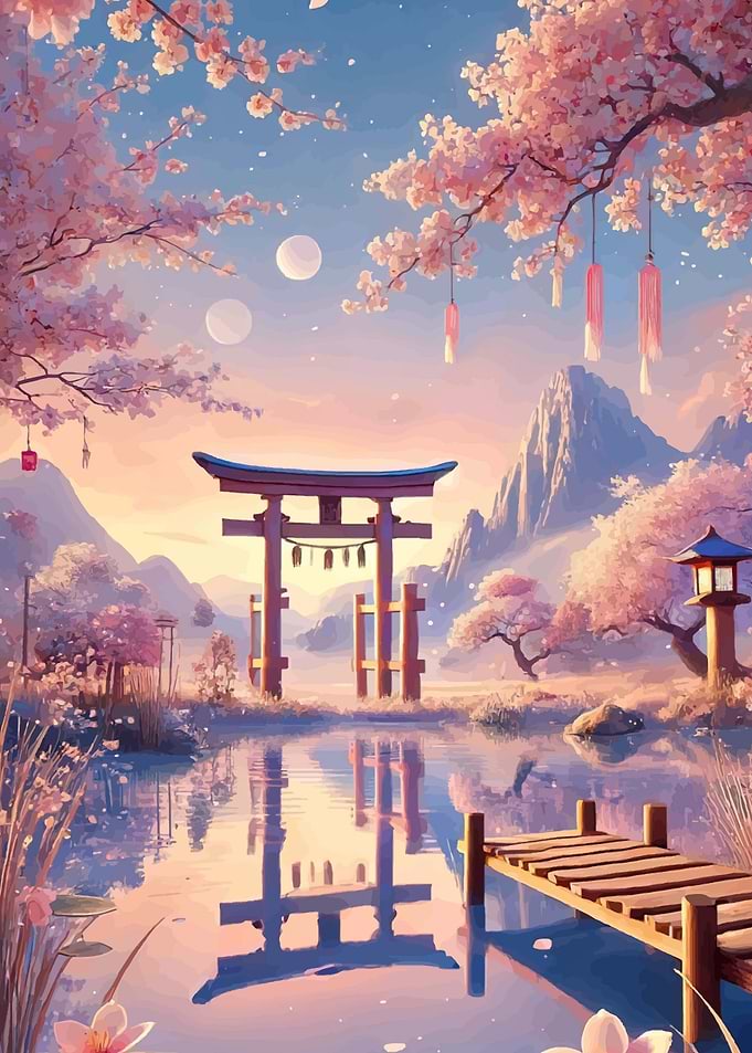 Serene Japanese Landscape Cherry Blossoms