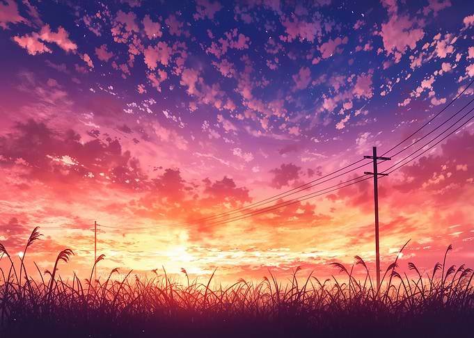 Anime Sunset Over Grassy Field