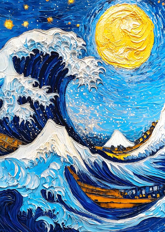 The Great Wave with Starry Night Sky