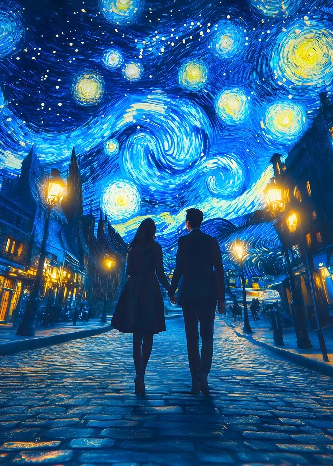 Couple walking under Van Gogh sky