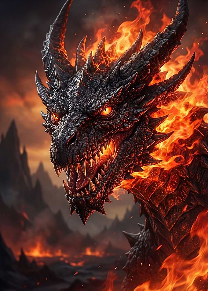Fiery Black Dragon Head