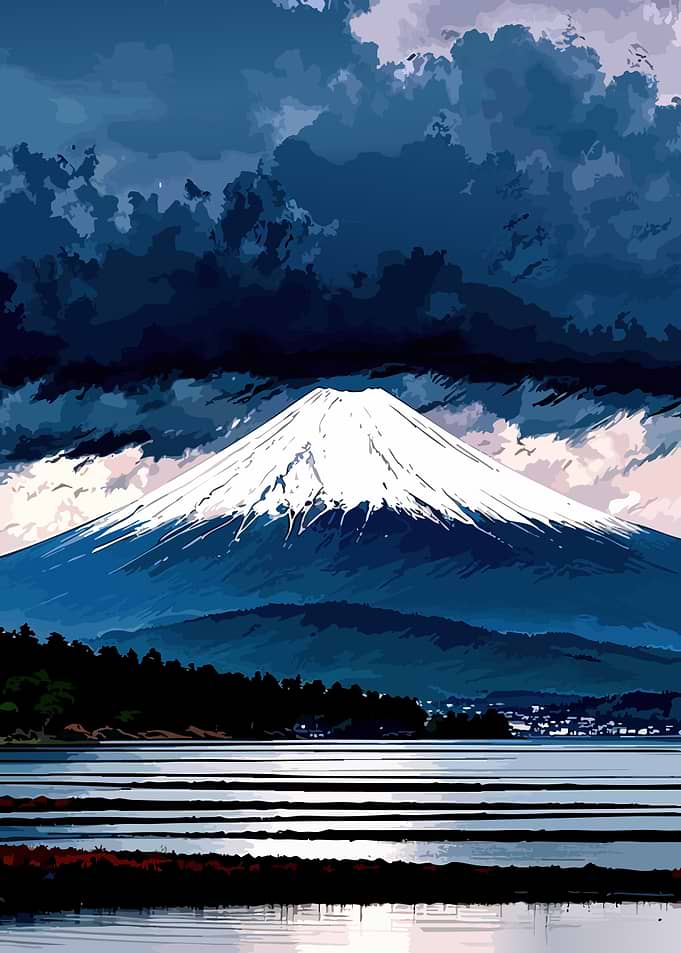 Mount Fuji under stormy skies