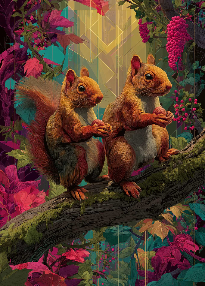 Two Squirrels in a Vibrant Forest