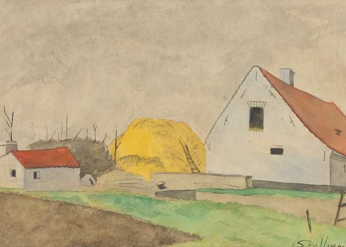 Farm scene with hay and buildings