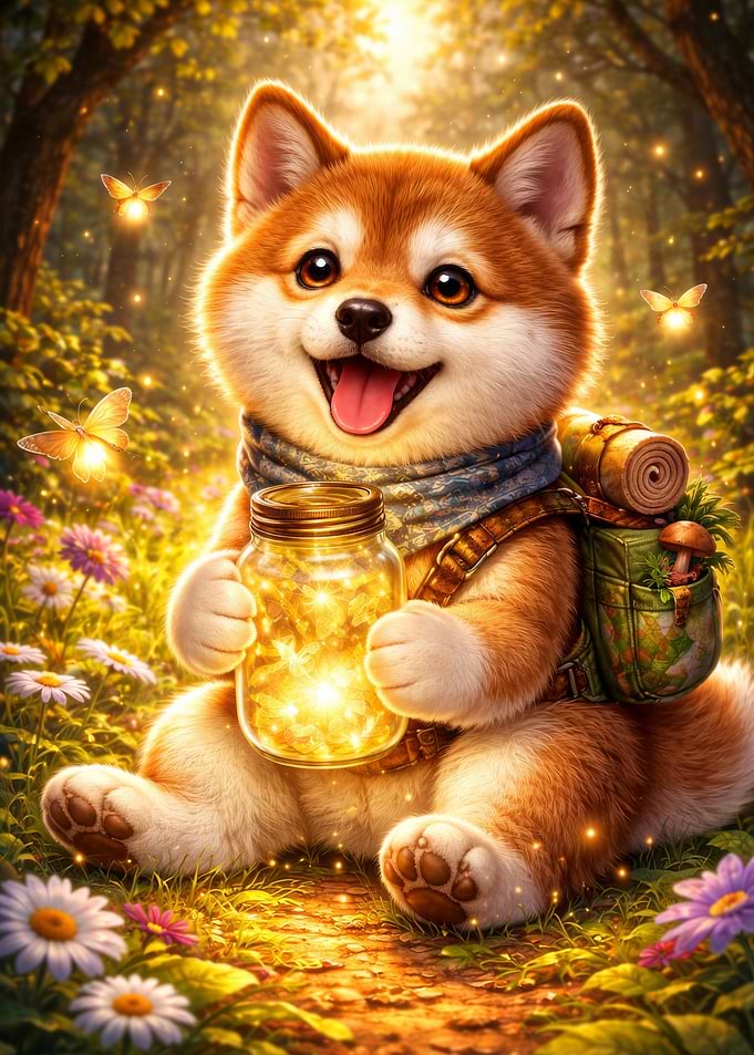 Cute Shiba Inu with Fireflies in a Jar