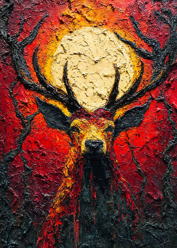 Majestic Stag Red Sunset Impasto Painting