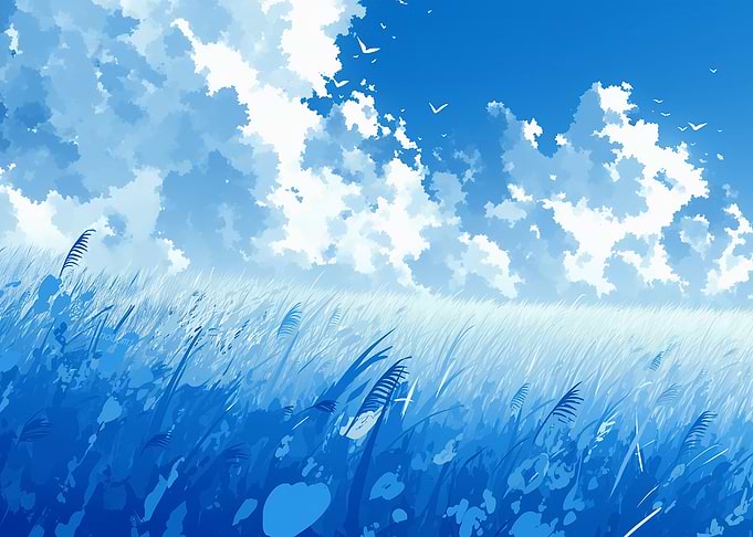 Anime Field with Clouds and Birds