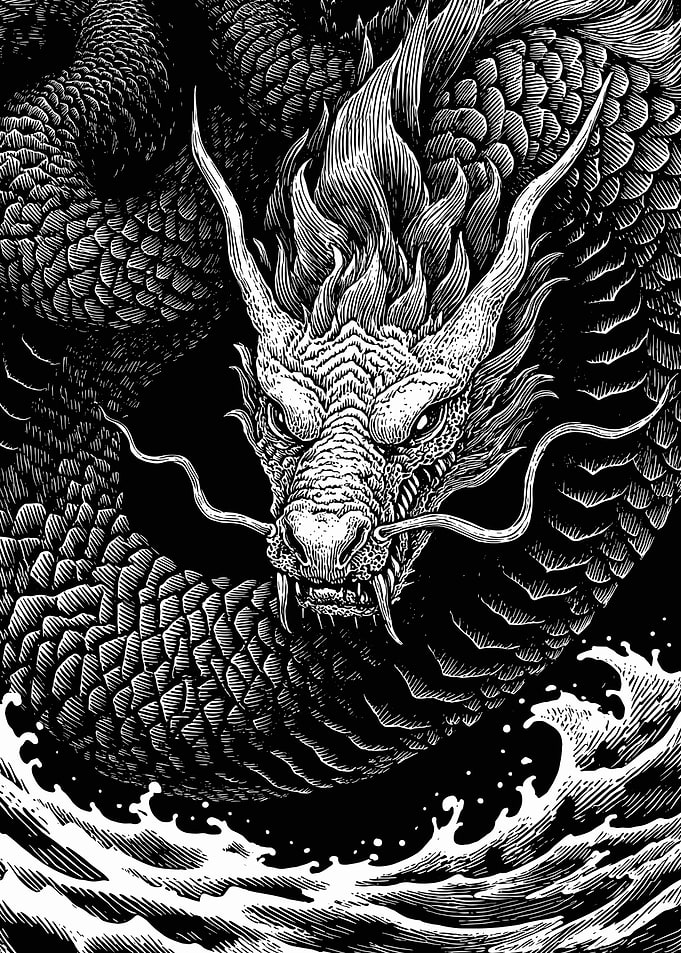 Intricate Dragon Emerging from Waves