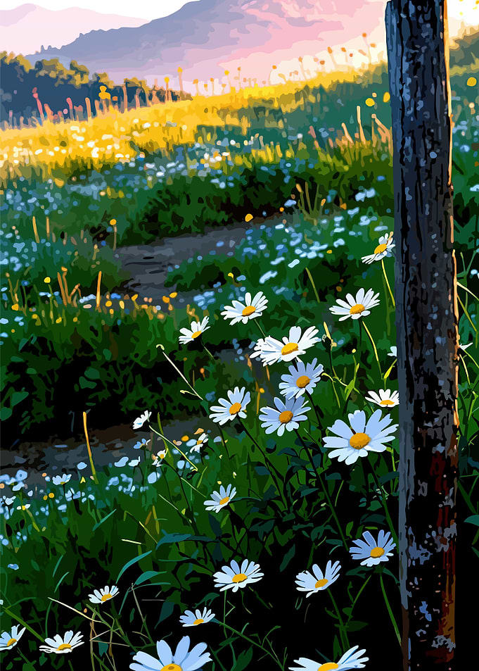 Daisy Field with Mountain Backdrop