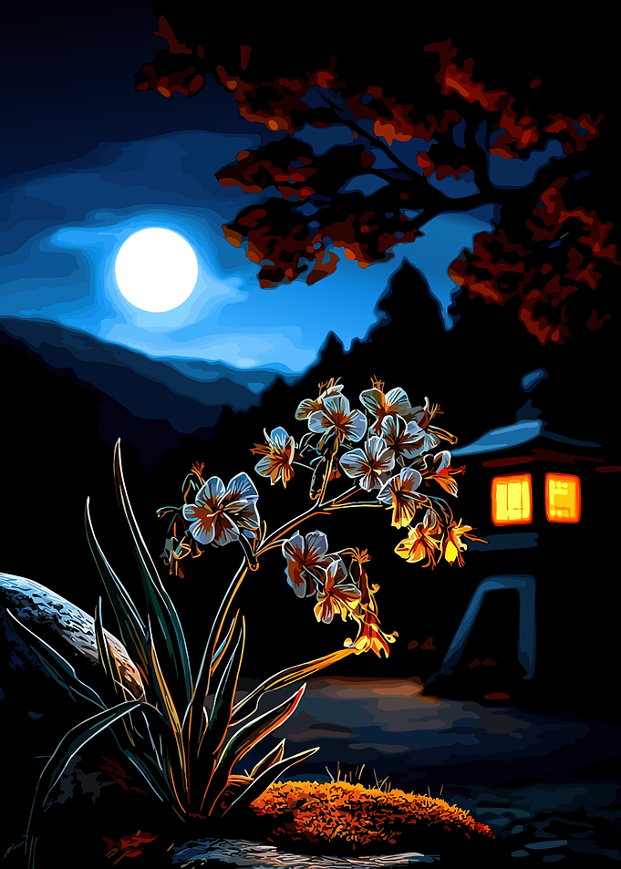Moonlit Japanese Garden with Lantern