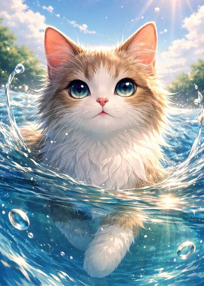 Cute Cat Swimming in Water