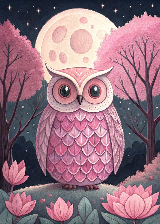 Pink Owl Under a Full Moon