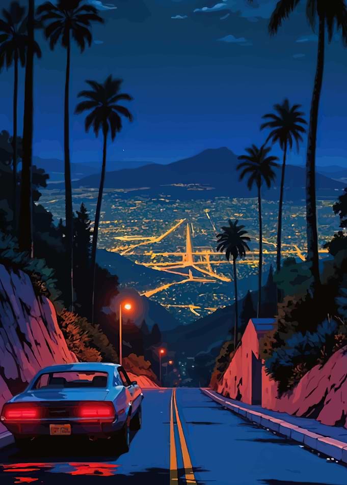 Retro Car Driving Through Cityscape at Night