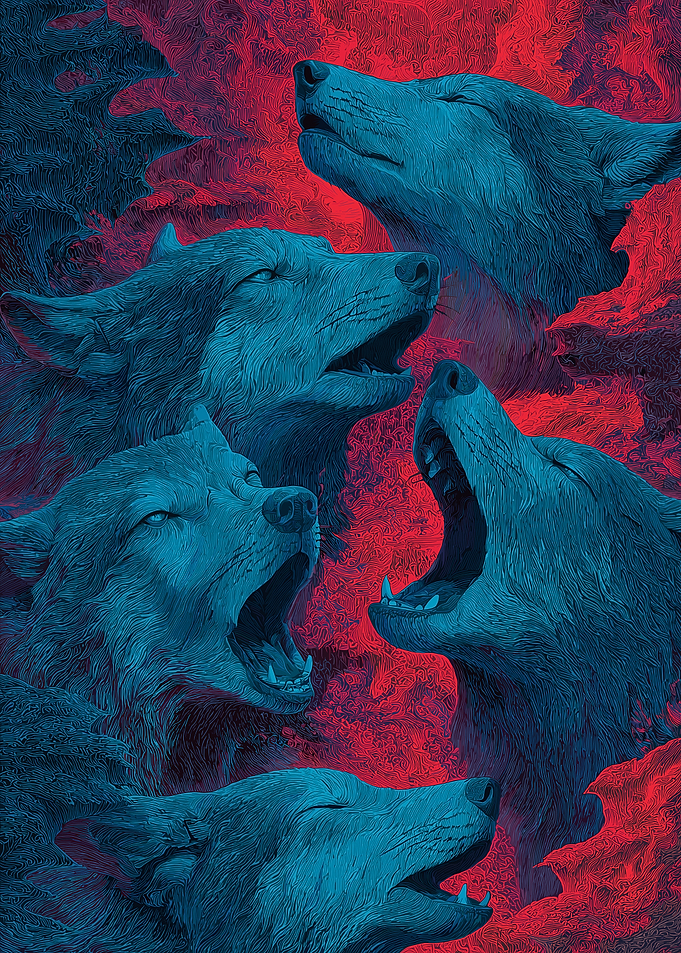 Howling Wolves in Blue and Red