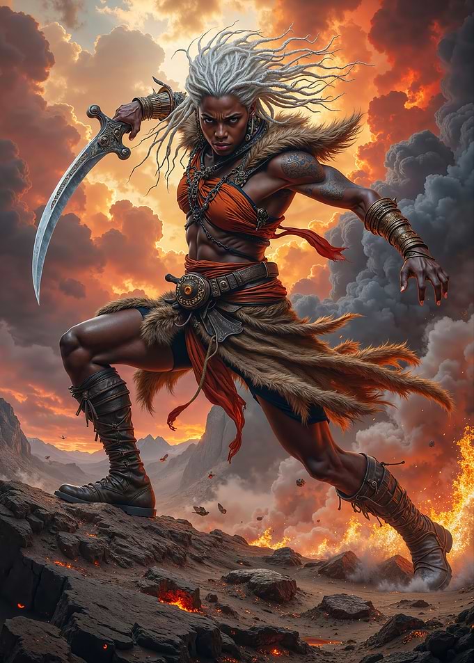 African Warrior Woman with Sword in Fiery Landscape