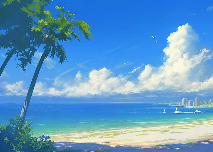 Tropical Beach with Palm Trees and Cityscape