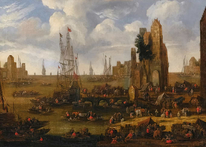 Busy Harbor Scene with Ships and Market