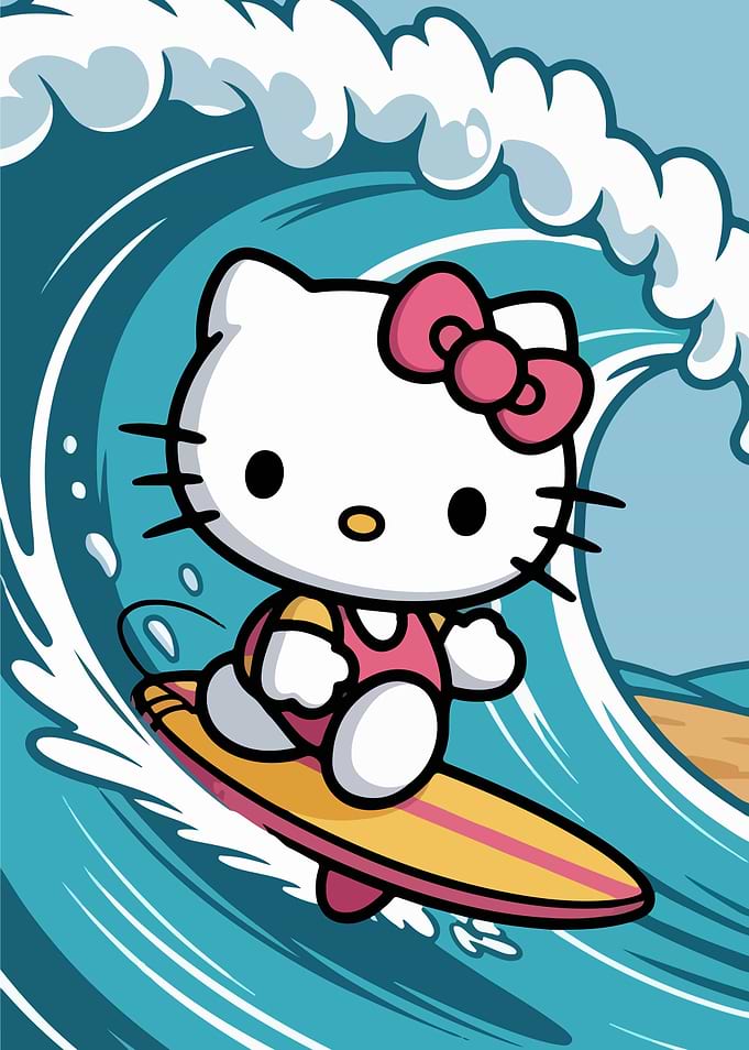 Hello Kitty Surfing a Wave