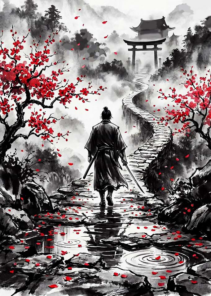Samurai Walking Through Cherry Blossoms