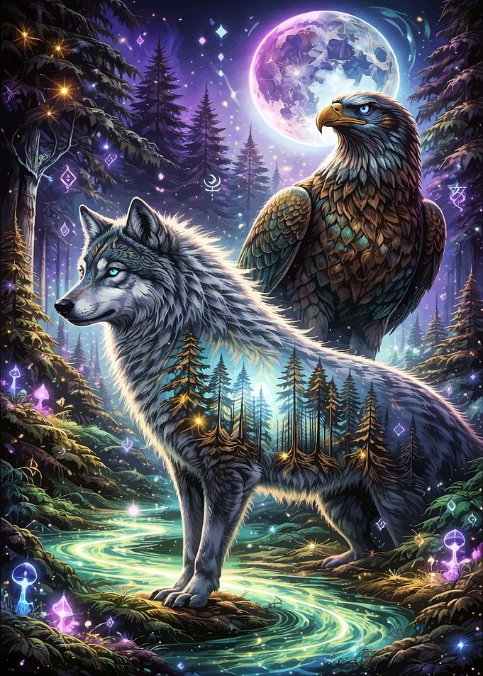 Mystical Wolf and Eagle in Enchanted Forest