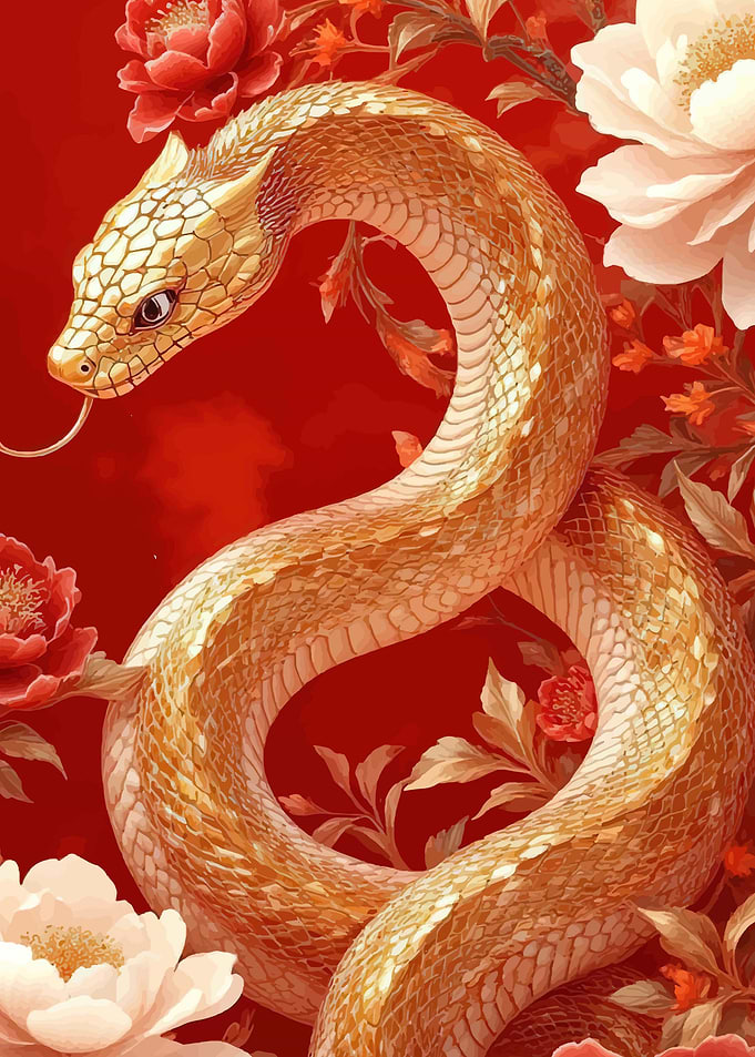 Golden Snake with Peonies