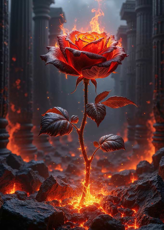 Fiery Rose in Ancient Ruins