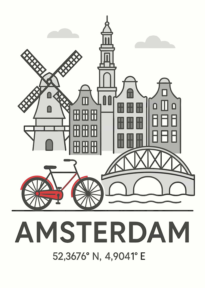 Amsterdam Cityscape with Bicycle and Bridge