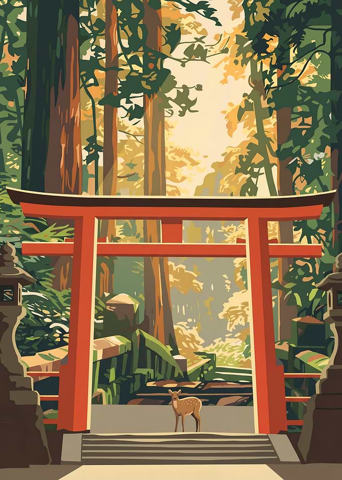 Deer at Japanese Shrine Torii Gate